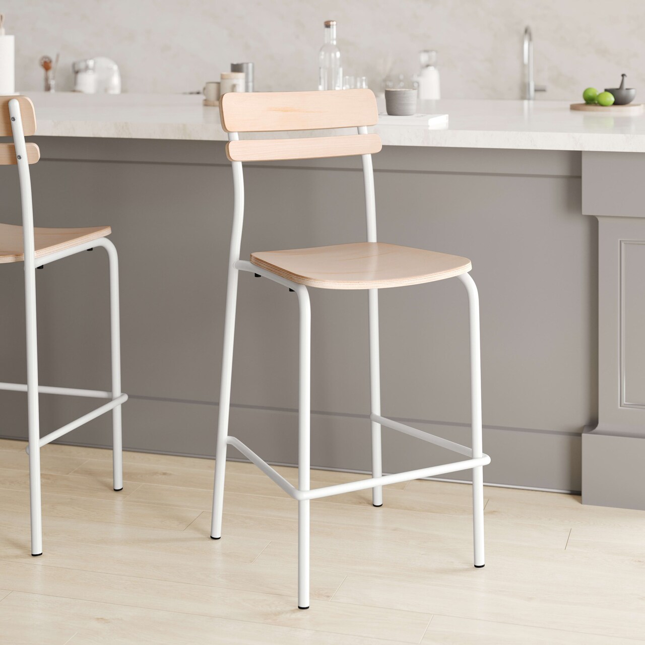 Emma and Oliver Blanchard Bar Stool with Metal Frame and Solid Wood Seat and Back with Antique Finish